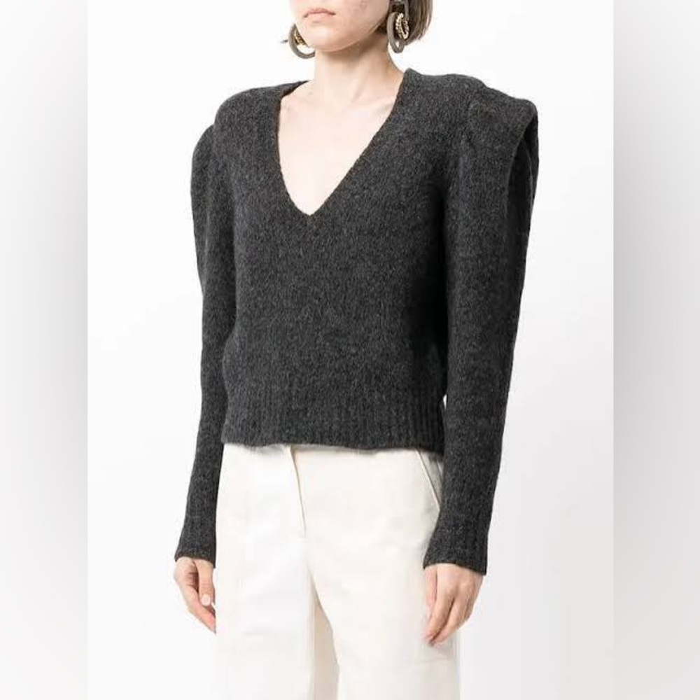 NWT IRO Paris Charcoal V-Neck Puff Shoulder Sweater